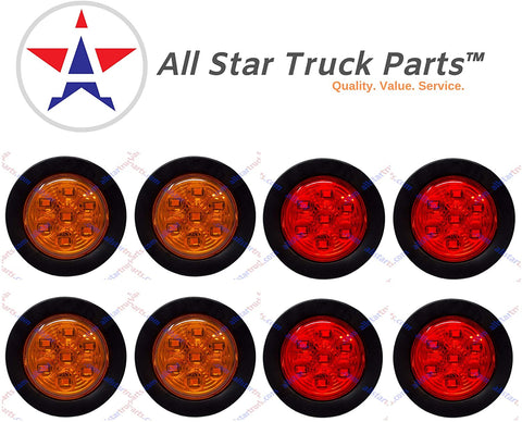 8 PC 2.0" Round LED Light Side Marker Clearance [7 LEDs] [Rubber Grommet] [IP 67] for Trailers - 4 Red and 4 Amber
