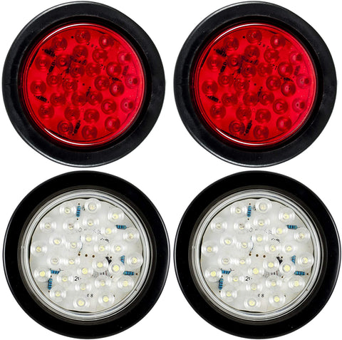Qty 2 Red + Qty 2 White: 4" Inch Red/White 28 LED Round Stop/Turn/Tail + Reverse/Backup Brake Truck Lights with Rubber Grommet & Wiring Trailer Truck RV 12V