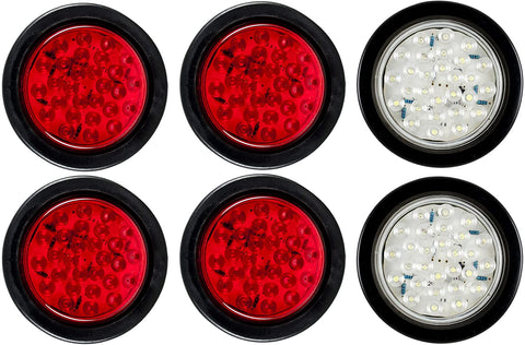 Qty 4 Red + Qty 2 White: 4" Inch Red/White 28 LED Round Stop/Turn/Tail + Reverse/Backup Brake Truck Lights with Rubber Grommet & Wiring Trailer Truck RV 12V