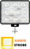 3.75" x 3.5 " Rectangle LED Amber Strobe Work Lamp Light 9-LED 27W DOT/SAE Approved Waterproof Dustproof Anti-Shock/Fog Towing Construction Safety Truck 10V-30V