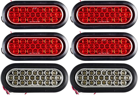 4 Red + 2 White 6" Oval LED Trailer Tail Light Kit [DOT Certified] [Grommets & Plugs Included] [IP67 Waterproof] Stop Brake Turn Reverse Back Up Trailer Lights for RV Truck Jeep