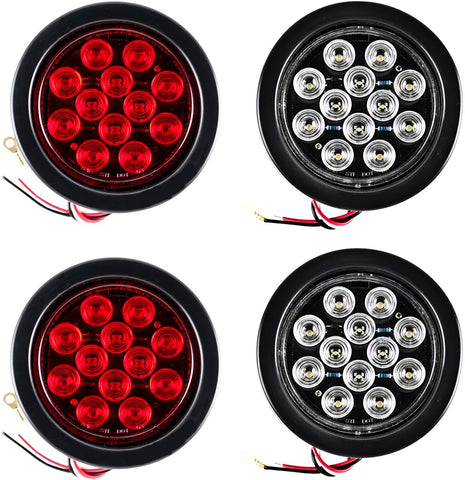 4" Inch 12 LED Round Stop/Backup/Reverse Truck Tail Light Kit - 2 Red + 2 White