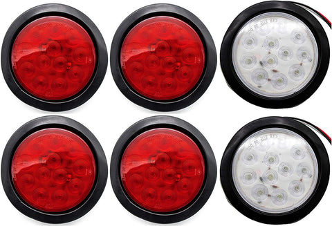 4" Inch White and Red 12 LED Round Stop/Turn/Tail/Reverse/Backup Trailer Light Kit with 3 wire Pigtail Plug & Grommet (Qty 2 Red + Qty 2 White)
